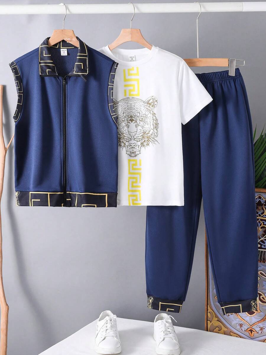 SHEIN Leap Crew 3 件套青少年男孩休闲斋月背心、短袖衬衫和裤子 - 黑色 - 查看 1