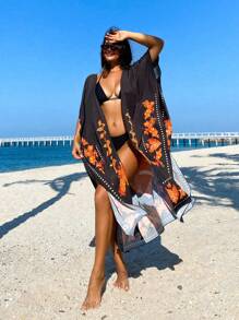 SHEIN Swim Saída de praia feminina casual com fenda lateral e quimono longo com estampa floral, estilo festival boêmio, férias de verão na praia
