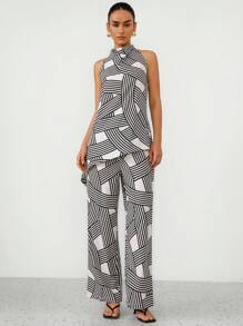 Aveloria Modichic Set de 2 piezas con top sin mangas de cuello alto impreso y pantalones con cordón, estilo minimalista para mujer