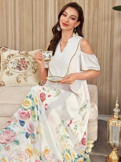 Al Najma V 领露肩短袖花卉印花休闲连衣裙