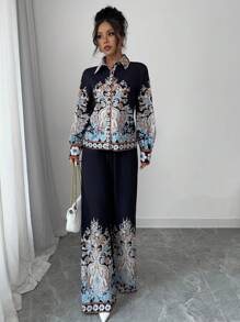 Rafferiza 2 件套女士复古定位印花长袖休闲宫廷风上衣 + 松紧腰阔腿裤 - 黑色 - 查看 6