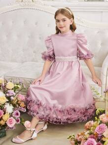 SHEIN Tween Girl Floral Print Ruffle Collar Short Sleeve Elegant Mid-Length Dress - Pink - View 6