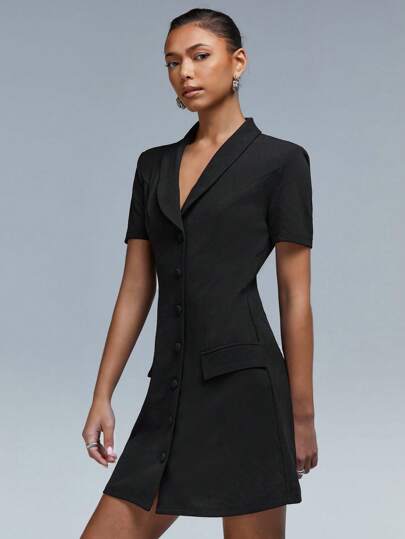 Athîral Women Casual Commuter Solid Color Button Front Short Dress