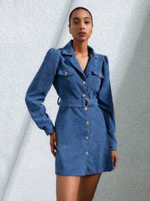 Aveloria Modichic Elegante y encantador vestido corto de mujer de manga larga con cuello redondo, cinturón de lino a rayas y mangas abullonadas para vacaciones