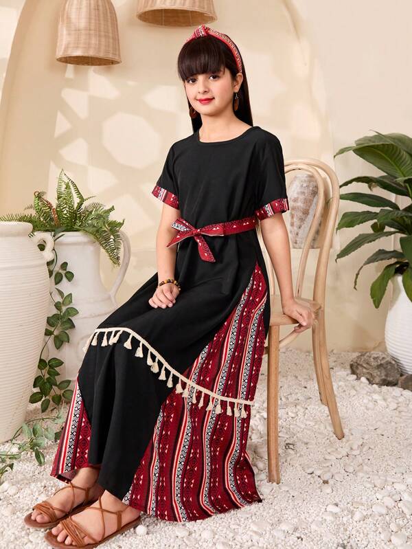 Tween Girl Solid Color Patchwork Round Neck Short Sleeve Tassel Decor Casual Dress