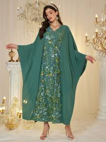 Al Najma Floral Embroidery Panel Robe, Romantic Party Gown - Green - View 3