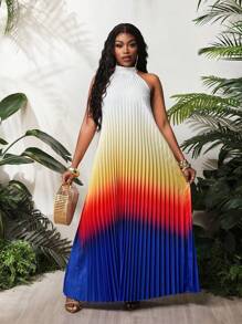 BamGleam 女士立领无袖渐变色褶皱休闲连衣裙、女士度假装、女士沙滩装、夏季连衣裙、波西米亚风、夏威夷女士服装 - 彩色 - 查看 1