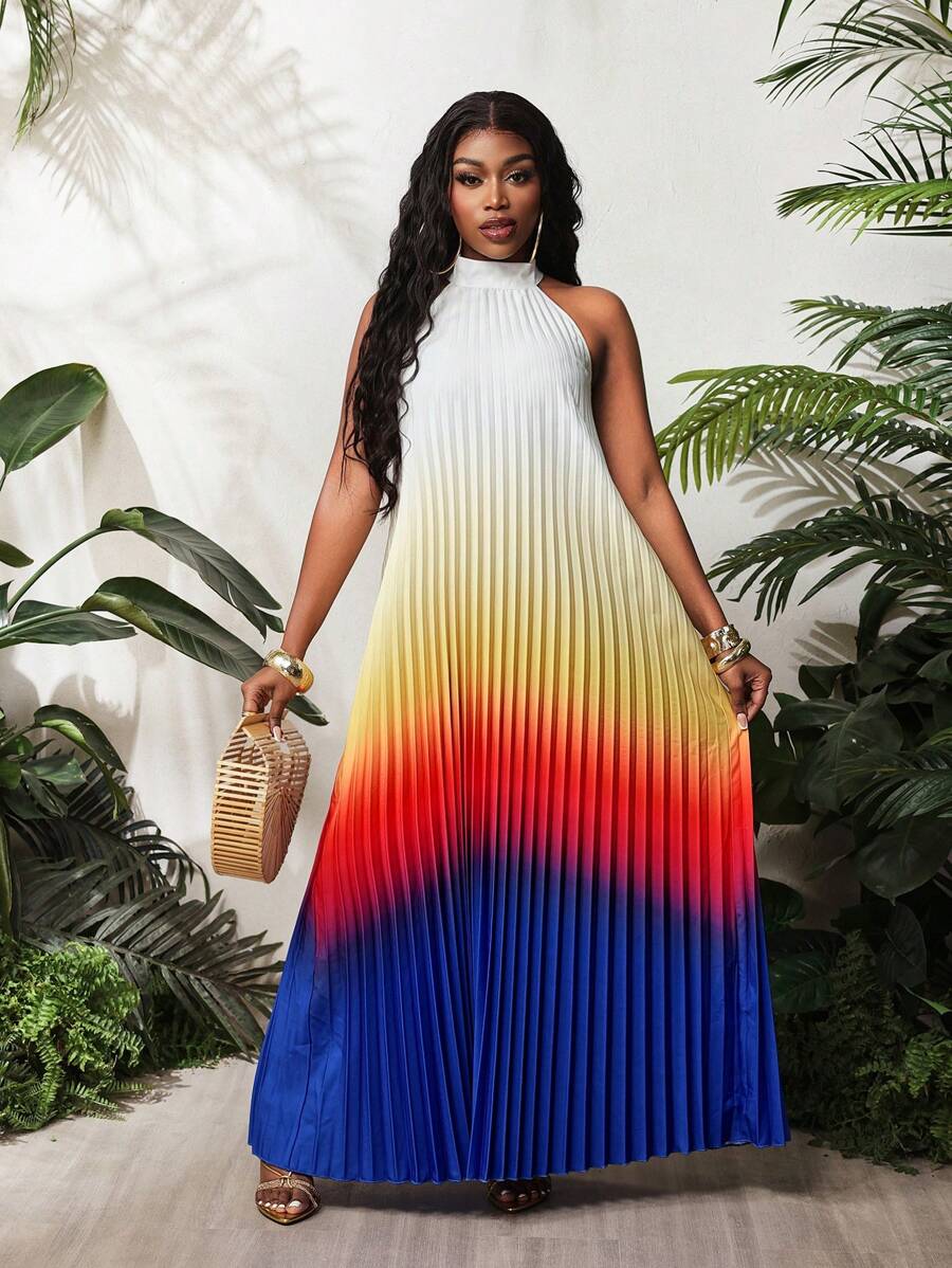 BamGleam 女士立领无袖渐变色褶皱休闲连衣裙、女士度假装、女士沙滩装、夏季连衣裙、波西米亚风、夏威夷女士服装 - 彩色 - 查看 1