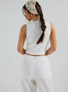 Athîral Top sans manches casual femme à boutons avec texture de couleur unie - Blanc - Voir 2