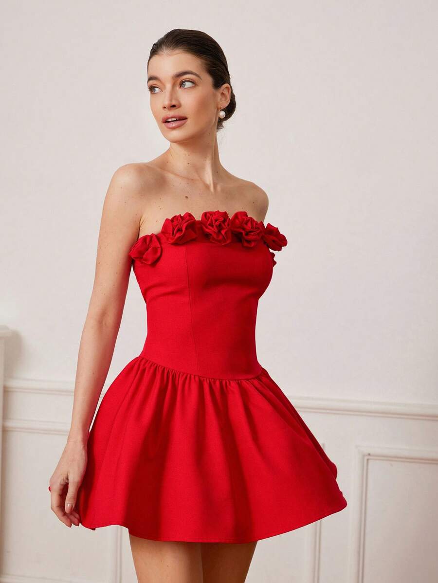 Revavyn Elegant Elegant Embossed Floral Halter Sexy Ruched A-Line Mini Dress In Red For Summer - Red - View 1