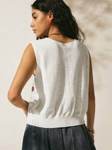 Easelle Chaleco de punto informal de mujer de unicolor con parches, sin mangas, con bordado floral - Multicolor - Ver 3