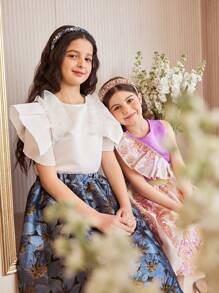 SHEIN Conjunto de 2 piezas de top sin mangas morado y falda con volantes a juego para niñas, atuendo elegante para fiestas, apropiado para salir, reuniones familiares y cumpleaños