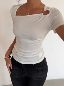 Chiquease Women's Sexy White Asymmetrical Neck Short Sleeve Slim Fit Tight T-Shirt