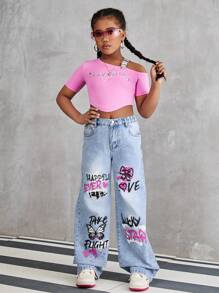 Tween Girl' Casual Fashionable Printed Washed Light Blue Denim Straight Leg Jeans - Light Wash - View 6