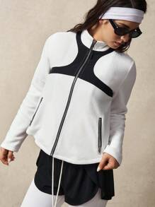 VARSIVA Long Sleeve Workout Top High Neck Long Sleeve Contrast Color Block Zippered Hemline Fluffy Jacket - Black and White - View 6