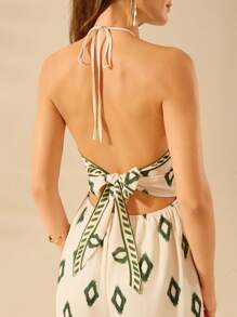 CAJUNI Women's Boho Coconut Tree Print Halter Backless Loose Jumpsuit, Vintage Casual Resort Summer Jumpsuit