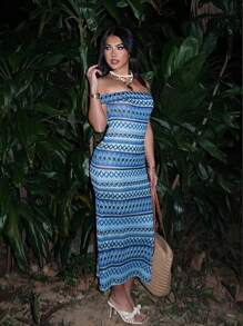 Elenzga Women's Summer New Sexy Off Shoulder Bodycon Dress With Side Slit, Elasticated Waist, Geometric Stripe Pattern, High-End Fashion, Elegant Resort/Holiday Boho Style, Mid-Length - Blue - View 4