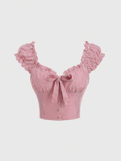 Sweetra Blusa de manga corta con cuello cuadrado, botones, volantes en el bajo y lazo para mujer en estampado a cuadros rojo, apta para primavera, verano y otoño