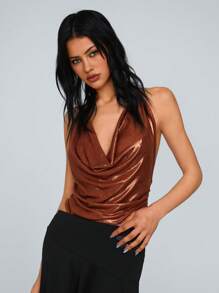 TRNVIE Women's Comfortable Metallic Shine Music Festival Spaghetti Strap Bodysuit, Brown, Spring/Summer