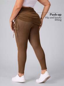 Flexra Plus Size Casual Washed Vintage Side Drawstring Skinny 2 In 1 Jeans Stretchy Knit Denim Apple Bottom Jeans - Brown - View 2