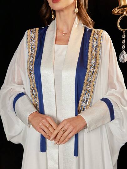 Al Najma 2 Pieces High-End Arab Women Robe Set With Color Block Patchwork Design & Custom Woven Ribbon, Loose Fit, Modest Abaya