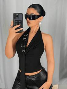 SHEIN ICON 时尚性感系带露背露背短款背心，适合女士春季夏季音乐会女士复活节女士圣帕特里克节 - 黑色 - 查看 2