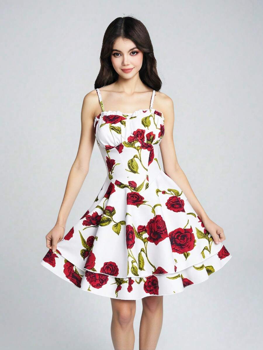 Teen Girls Red Rose Floral Bubble Sleeve Waist Fit Short Dress, Suitable For Spring/Summer, Holiday