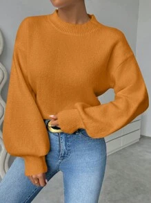 SHEIN Unity Women's Casual Solid Color Lantern Sleeve Sweater, Autumn/Winter Knit Pullover Fall - Rust Brown - View 3