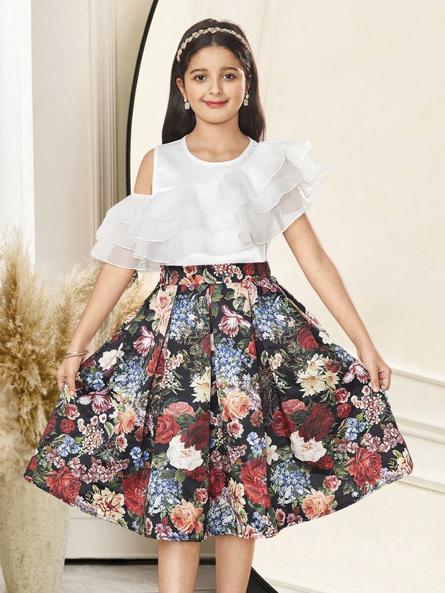 SHEIN Leap Crew Tween Girl Attached Round Neck Ruffle Hem Cute Top And A-Line Skirt 2 Pieces Set - White - View 1