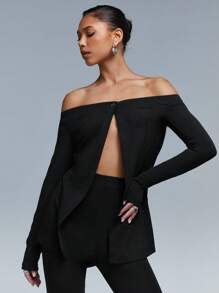 Athîral 2 Stücke/Set Damen Off-Shoulder Top und Hose Set Einfarbig, Langarm, minimalistischer Stil für den täglichen Lässig Gebrauch