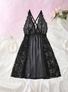 Seduluxe Plus Size Lingerie With High Slit, Dual Slits, Taffeta Fabric, Lash Lace Patchwork