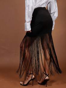 COSMINA Falda con flecos negra elegante para mujer, primavera/verano - Negro - Ver 2