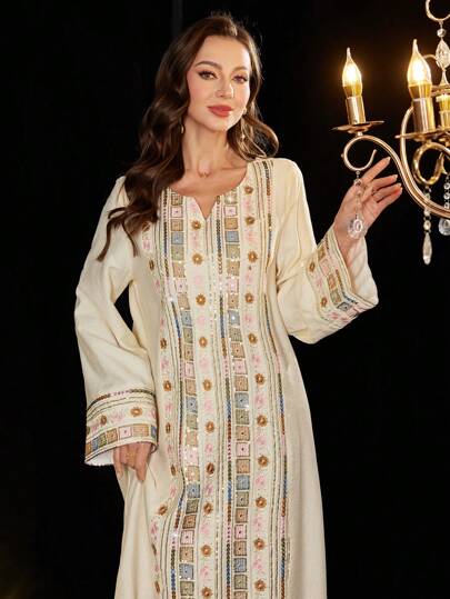 Al Najma Elegant glitzerndes Paillettenkleid mit Stickerei für Damen, locker geschnitten, geeignet für Partys, Kaftane & Jalabiya, luxuriöse Abendkleider für Damen, dezent