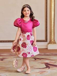 SHEIN 2pcs Girls Slim Fit Adorable Puff Sleeve Rhinestone Embellished Round Neck Shirt And Jacquard Skirt Set - Hot Pink - View 7