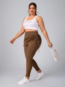 Flexra Plus Size Casual Washed Vintage Side Drawstring Skinny 2 In 1 Jeans Stretchy Knit Denim Apple Bottom Jeans - Brown - View 4