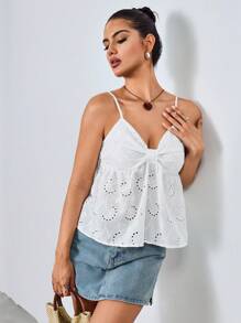 Chiquease Casual Solid Color Hollow Embroidery Bow Strap - White - View 4