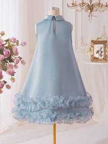 SHEIN Tween Girl 蝴蝶结领荷叶边无袖 A 字形欧根纱连衣裙