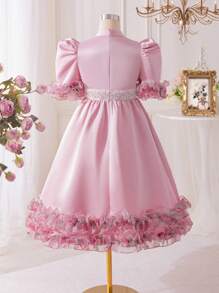 SHEIN Tween Girl Floral Print Ruffle Collar Short Sleeve Elegant Mid-Length Dress - Pink - View 5