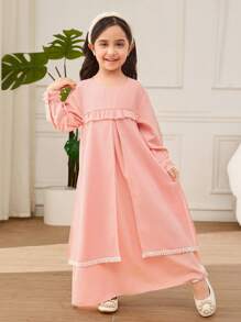 Young Girl Layered Ruffle Trim Long Sleeve Dress With Headscarf - Pink - View 5