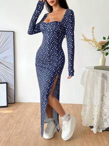 SHEIN Unity Leopard Print Square Neck Long Sleeve Split Hem Maxi Dress, Autumn/Winter Casual Daily Outfit Fall Cloth For Women - Multicolor - View 4