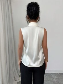 Selianne Women's Simple V-Neck Sleeveless Satin Button-Front Shirt, Apricot Color, Spring/Summer - Apricot - View 2