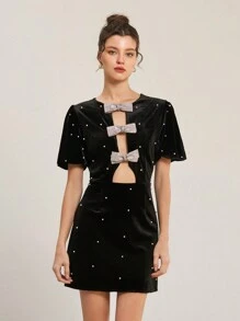 Aveloria Rosie Elegant Vintage Rhinestone Bow Decor Hollow Sexy Puff Sleeve Waisted Velvet Glitter Polka Dot Embellished Mini Dress For Women All Over Print  For Summer