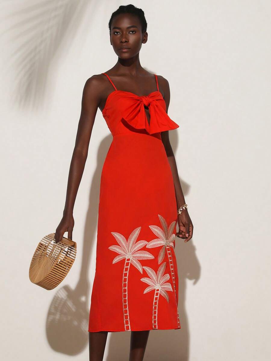 Aveloria Modichic Red Front Bowknot Lace-Up Hollow Design Sexy Vacation Elegant Coconut Tree Embroidery Strap Slip Dress - Red - View 1