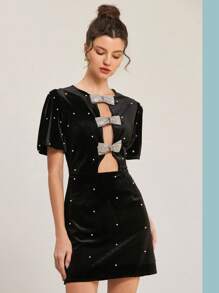 Aveloria Rosie Elegant Vintage Rhinestone Bow Decor Hollow Sexy Puff Sleeve Waisted Velvet Glitter Polka Dot Embellished Mini Dress For Women All Over Print  For Summer