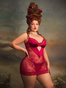 Bộ đồ lót ren hở lưng gợi cảm quyến rũ 2 mảnh cổ điển + quần lọt khe, ren chắp vá, đồ lót cỡ lớn - Màu Đỏ Sâu - Xem 3