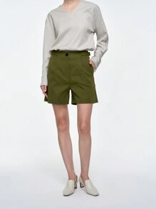 SHEIN Clasi 女式休闲优雅军绿色斜口袋和褶皱直筒短裤 - 軍綠色 - 查看 3