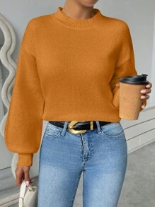 SHEIN Unity Women's Casual Solid Color Lantern Sleeve Sweater, Autumn/Winter Knit Pullover Fall - Rust Brown - View 4