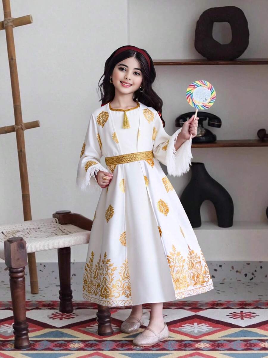 2pcs/Set Tween Girl Furry Patchwork Simple Long Sleeve Outerwear And Dress - Black - View 1