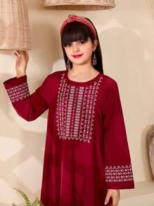 Tween Girls Geometric Pattern Crew Neck Long Sleeve Casual Dress - Burgundy - View 4