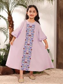 Young Girls' Floral Print Dress, Light Purple Color, Elegant And Adorable Design For Little Girls - Mauve Purple - View 3